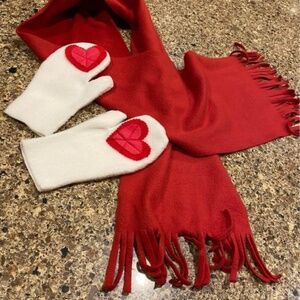 Red & Cream Fleece Scarf & Mitten Set - Perfect for February style!!